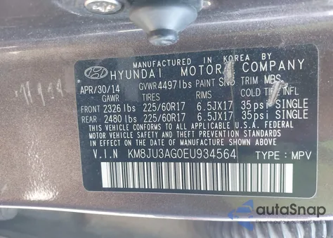2014 Hyundai Tucson Se from USA, damaged, VIN KM8JU3AG0EU934564